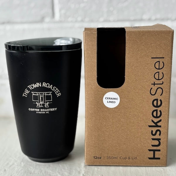 The Town Roaster branded 12oz large Huskee Steel reusable coffee cups