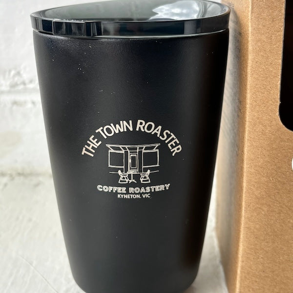 The Town Roaster branded 12oz large Huskee Steel reusable coffee cups