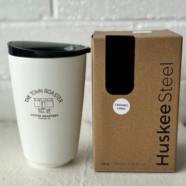 The Town Roaster branded 12oz large Huskee Steel reusable coffee cups