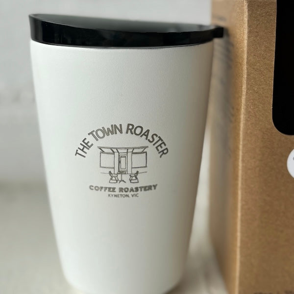 The Town Roaster branded 12oz large Huskee Steel reusable coffee cups