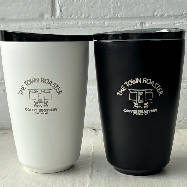 The Town Roaster branded 12oz large Huskee Steel reusable coffee cups